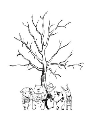 Fingeravtrycksaffisch med trä och unika djur